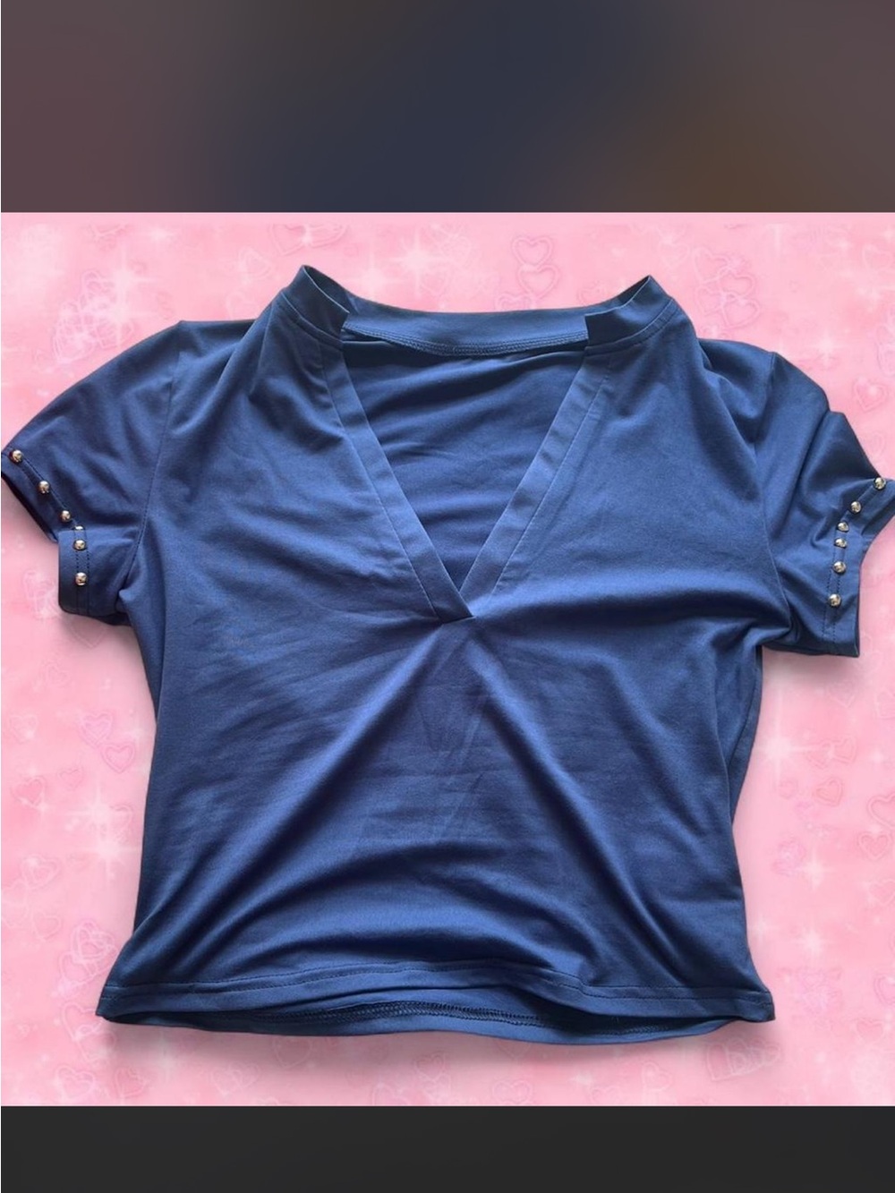 Blue V-Neck Crop Top with Stud Detail- M